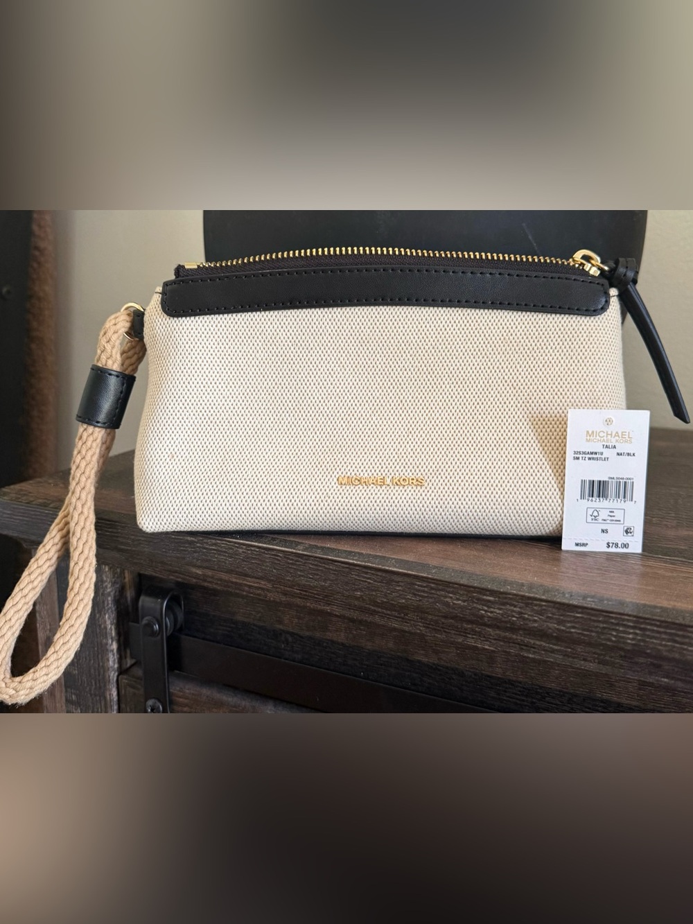 . Michael Kors Natural/Black 32S3GAMW1U Small Talia Top Zip Canvas Wristlet